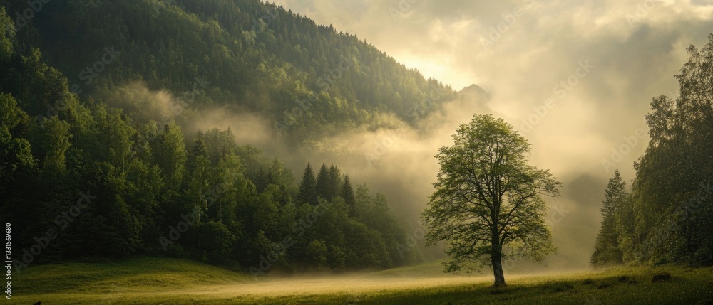 Poster A single tree stands alone in a green field with rolling hills in the background