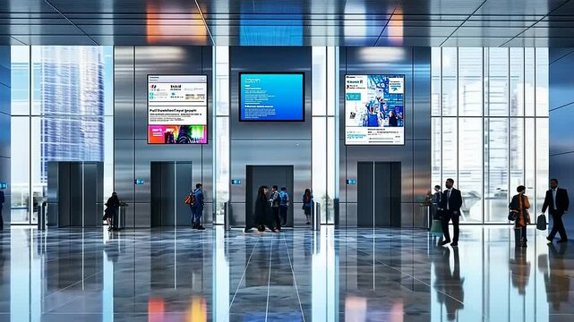 Modern office lobby with digital displays, elevators, business professionals interacting, urban skyline