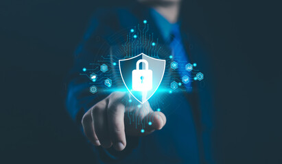 Businessman showing concept of online password privacy on internet. Data security from crime scene....