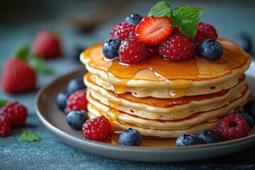 Fluffy pancakes stacked high, adorned with fresh berries and syr