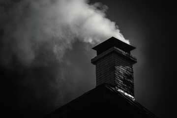 A chimney with smoke rising from the top, ideal for use in images about homes, buildings, or outdoor scenes