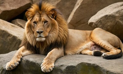 Majestic Lion Lounging on a Rock, a Portrait of Feline Grace