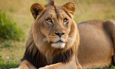 Naklejka premium Magnificent Lion Portrait, A Captivating Gaze into the King of Beasts