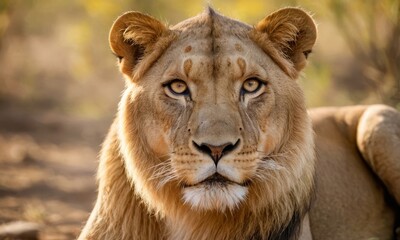 Obraz premium Portrait of a majestic lion gazing directly at the camera lens