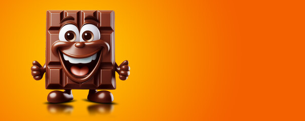 Extreme close-up of a smiling chocolate cartoon character with feet and hands, looking at camera. Isolated on yellow-orange background with copy space. Generative Ai.