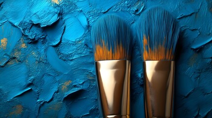Blue paint brushes on textured blue paint background