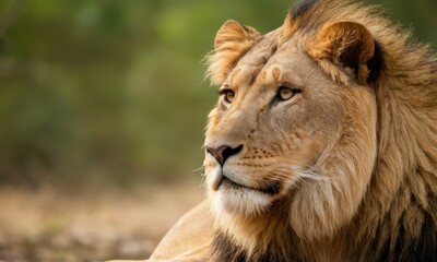 Obraz premium Portrait of a Majestic Male Lion with Golden Mane in Natural Habitat