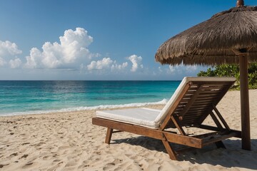 Relaxing Beach Scene with Wooden Lounge Chair Under a Thatched Umbrella