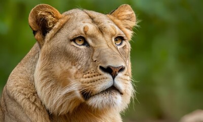 Obraz premium Magnificent lioness portrait with intense gaze and lush green backdrop
