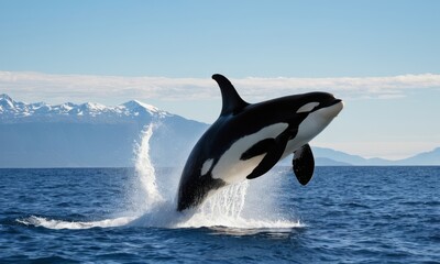 Fototapeta premium Majestic Orca Breaching in Alaskan Waters with Snow-Capped Mountains