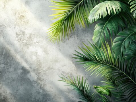 A still life image featuring palm leaves arranged against a concrete wall