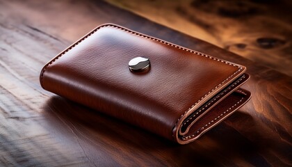 a sleek brown leather wallet with a snap closure showcasing a smooth texture and a compact design