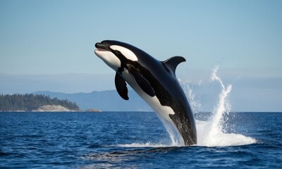 Fototapeta premium Majestic Orca Breaching in the Ocean, A Stunning Display of Marine Wildlife