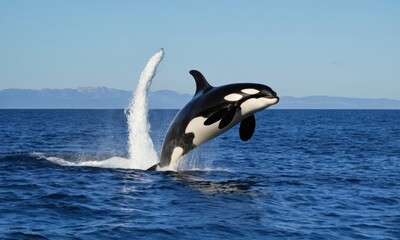Obraz premium Majestic orca leaping out of the deep blue ocean, against clear sky