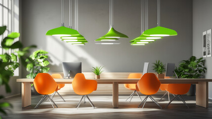 Modern office with hanging green lights, bright orange chairs, and sleek computer monitors. The scene evokes a sense of calm and productivity.

