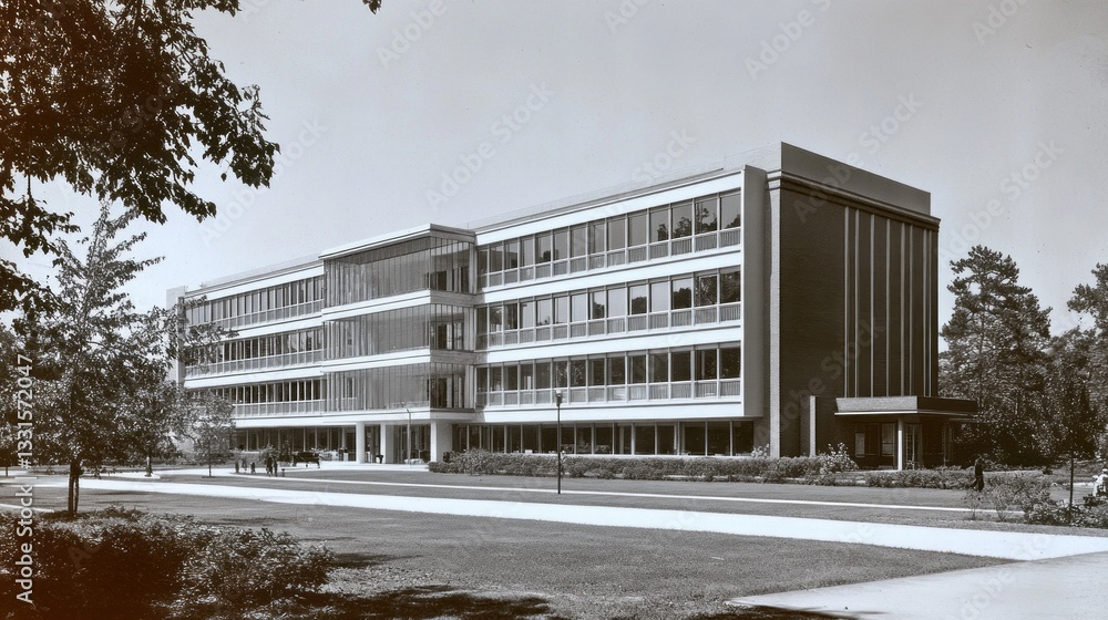 Poster a striking large office building stands proudly in a lively area, featuring expansive glass windows 