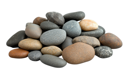 Pile of smooth colorful pebbles on transparent background