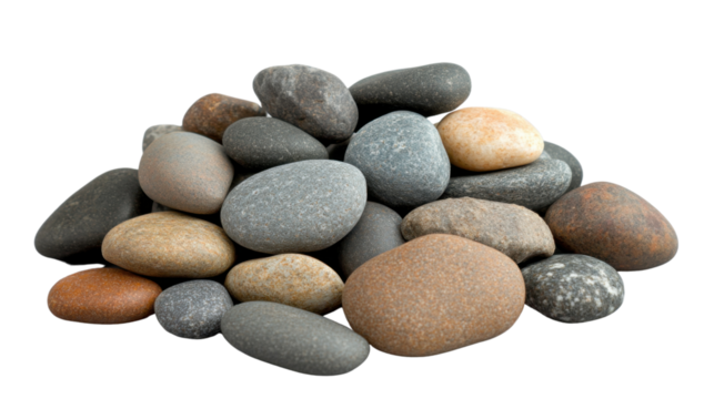 Pile of smooth colorful pebbles on transparent background