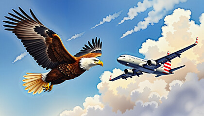 Obraz premium Bald eagle soaring with airplane in bright skies, Independence Day spirit