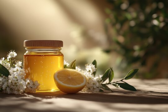 Jar of golden honey with lemon and white flowers on rustic table, warm sunlight, natural and organic concept