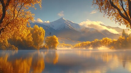 Serene Mountain Lake Surrounded by Autumn Foliage and Sunlight