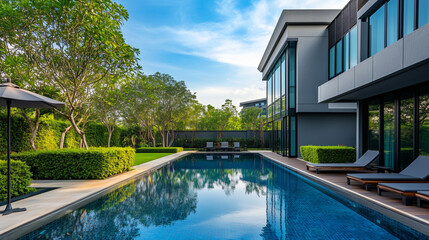 Fototapeta premium A modern home with a backyard pool ready to be uploaded to Adobe Stock. The image is shown alongside other files in a grid layout.