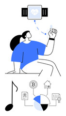 Woman interacting with a smartwatch displaying heart rate, surrounded by symbols for music, finance, cryptocurrency, home ownership, and data analytics. Ideal for health, technology, lifestyle