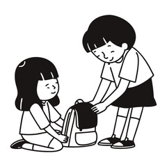 Child Helping Friend Pick Up School Bag Silhouette – Vector Art Illustration