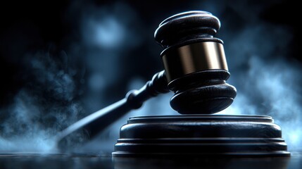 Close-up of judge's gavel on dark smoky background, symbolizing justice and authority, dramatic lighting, legal concept