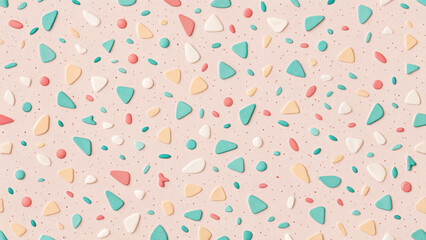 A modern terrazzo pattern with three-dimensional pastel stones in shades of pink, teal, beige, and white on a soft pink background. A stylish and textured design perfect for decor, fashion, and creati