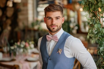 Stylish groom preparing for wedding ceremony in elegant venue with floral decorations