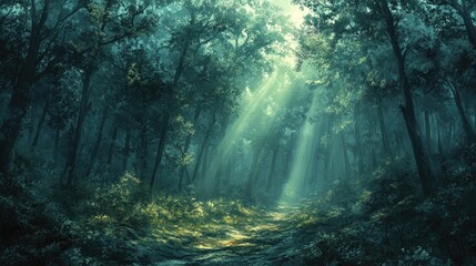 Obraz premium Mystical Sunbeams Shining Through a Lush Forest Landscape