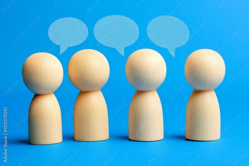 Poster wooden figures in conversation on a blue background representing communication and interaction among
