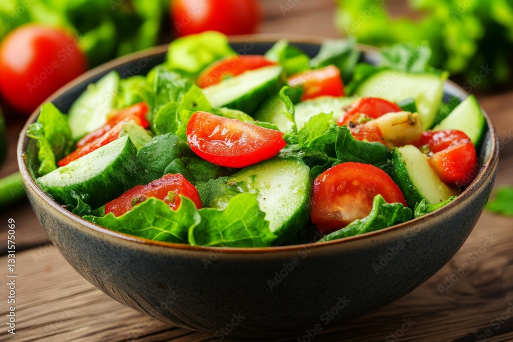 Aufkleber fresh and colorful salad featuring tomatoes and cucumbers in a vibrant bowl on a rustic wooden table