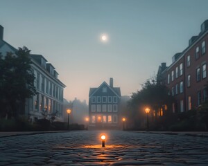 Misty Town Street for Moonlit Night.
