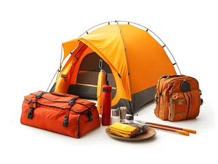 Fotobehang Essential camping items including tent, backpack, and cup isolated on a white background for adventure lovers © CHAIYAPHON