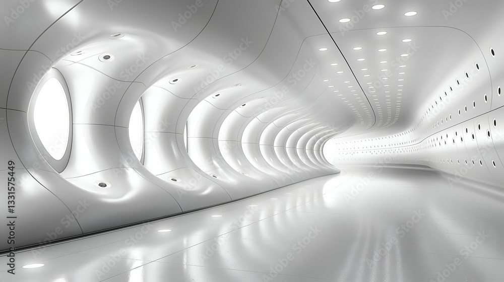 Poster white futuristic tunnel modern architecture with bright light and smooth walls for clean design