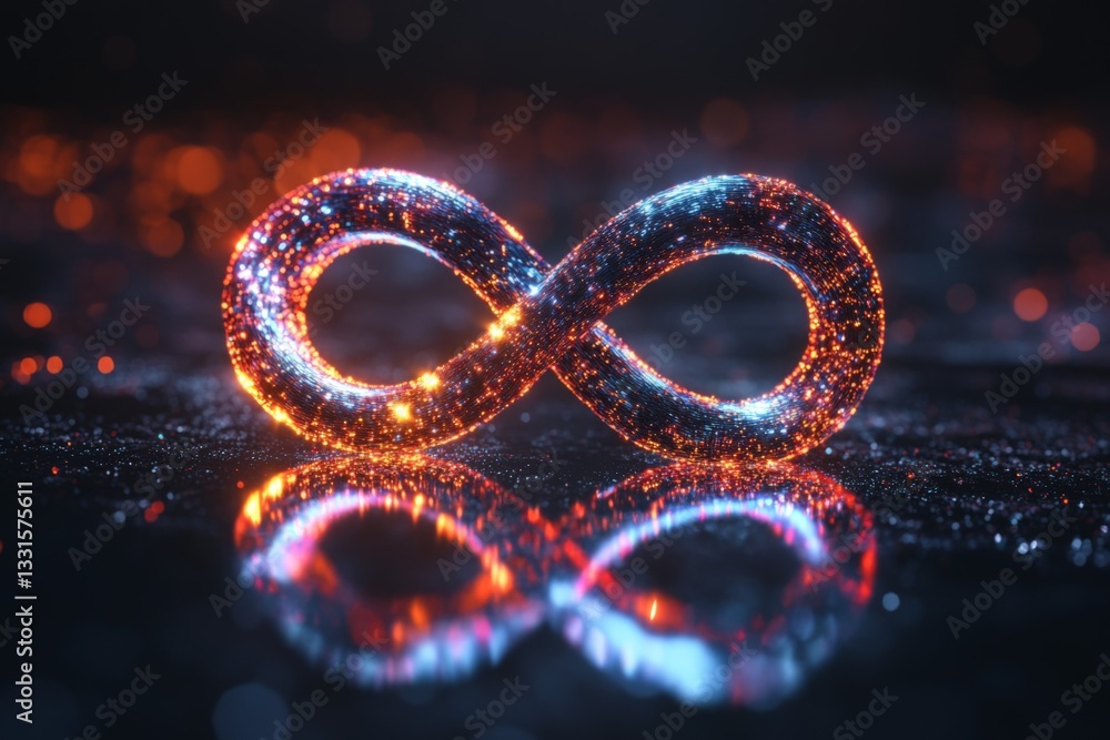 Poster colorful glowing infinity symbol reflecting in a dark environment with intricate designs