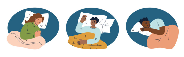 Collection of minimalist scenes with sleeping people in pajamas, with blankets, pillows, and bedding items. Healthy sleep vector illustrations, natural fabrics, relaxation, and cozy atmosphere