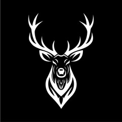 A stylized, black and white silhouette of a deer head.  Deer head Silhouette, Deer animal hunting elements illustration