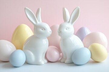 White ceramic bunnies with pastel Easter eggs on soft pink background, springtime decoration, festive and cheerful atmosphere, Easter Sunday celebration concept