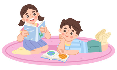 Illustration of children reading together on a pink rug