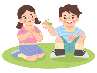 Illustration of Children Playing on Grass with Insect