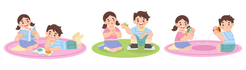Illustration of a set of happy little children playing