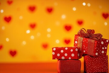 Obraz premium Red gift boxes with hearts background.