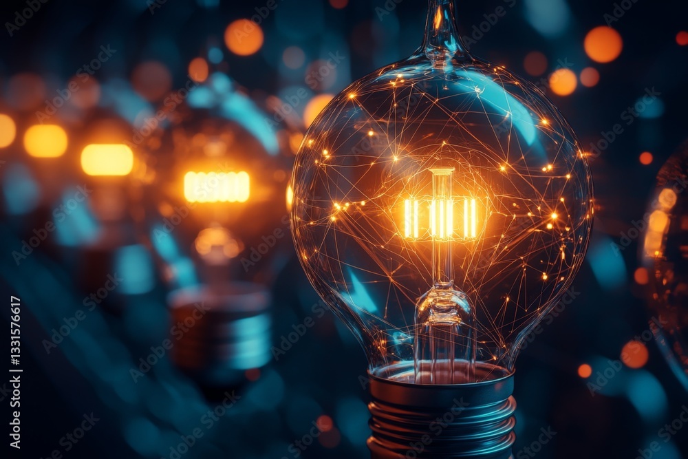 Poster innovative light bulbs glowing with intricate designs in a modern display environment