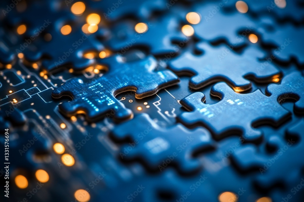 Poster Complex puzzle pieces with glowing circuitry on a dark background creating a technological theme