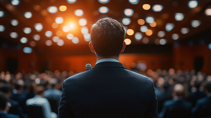 Fototapeta premium Business conference with speaker and audience is blurred in hall