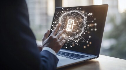 Businessman using laptop with digital network and calculator application interface showing data analysis and financial technology concept