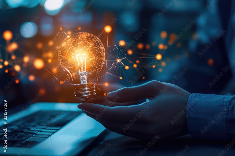 Poster a person holds a light bulb above a laptop, providing ambient lighting for computer use